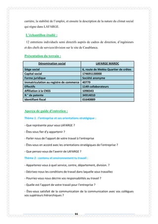 94
carrière, la stabilité de l’emploi, et ensuite la description de la nature du climat social
qui règne dans LAFARGE.
L’échantillon étudié :
12 entretiens individuels semi directifs auprès de cadres de direction, d’ingénieurs
et des chefs de services/division sur le site de Casablanca.
Présentation du terrain :
Dénomination social LAFARGE MAROC
Siège social 6, route de Mekka Quartier de crêtes
Capital social 174691130000
Forme juridique Société anonyme
Immatriculation au registre de commerce 40779
Effectifs 1149 collaborateurs
Affiliation à la CNSS 1098343
N ° de patente 34914010
Identifiant fiscal 01640889
Aperçu de guide d’entretien :
Thème 1 : l’entreprise et ses orientations stratégique :
- Que représente pour vous LAFARGE ?
- Êtes-vous fier d’y appartenir ?
- Parler nous de l’apport de votre travail à l’entreprise
- Êtes-vous en accord avec les orientations stratégiques de l’entreprise ?
- Que pensez-vous de l’avenir de LAFARGE ?
Thème 2 : contenu et environnement tu travail :
- Appartenez-vous à quel service, centre, département, division. ?
- Décrivez-nous les conditions de travail dans laquelle vous travaillez
- Pourriez-vous nous décrire vos responsabilités au travail ?
- Quelle est l’apport de votre travail pour l’entreprise ?
- Êtes-vous satisfait de la communication de la communication avec vos collègues
vos supérieurs hiérarchiques ?
 