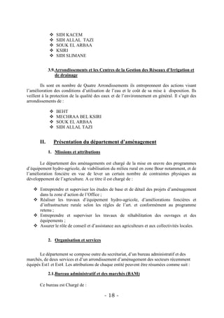     SIDI KACEM
                 SIDI ALLAL TAZI
                 SOUK EL ARBAA
                 KSIRI
                 SIDI SLIMANE


             3.9.Arrondissements et les Centres de la Gestion des Réseaux d’Irrigation et
                 de drainage

        Ils sont en nombre de Quatre Arrondissements ils entreprennent des actions visant
l’amélioration des conditions d’utilisation de l’eau et le coût de sa mise à disposition. Ils
veillent à la protection de la qualité des eaux et de l’environnement en général. Il s’agit des
arrondissements de :

                 BEHT
                 MECHRAA BEL KSIRI
                 SOUK EL ARBAA
                 SIDI ALLAL TAZI


       II.       Présentation du département d’aménagement
             1. Missions et attributions

       Le département des aménagements est chargé de la mise en œuvre des programmes
d’équipement hydro-agricole, de viabilisation du milieu rural en zone Bour notamment, et de
l’amélioration foncière en vue de lever un certain nombre de contraintes physiques au
développement de l’agriculture. A ce titre il est chargé de :

    Entreprendre et superviser les études de base et de détail des projets d’aménagement
     dans la zone d’action de l’Office ;
    Réaliser les travaux d’équipement hydro-agricole, d’améliorations foncières et
     d’infrastructure rurale selon les règles de l’art. et conformément au programme
     retenu ;
    Entreprendre et superviser les travaux de réhabilitation des ouvrages et des
     équipements ;
    Assurer le rôle de conseil et d’assistance aux agriculteurs et aux collectivités locales.


             2. Organisation et services


       Le département se compose outre du secrétariat, d’un bureau administratif et des
marchés, de deux services et d’un arrondissement d’aménagement des secteurs récemment
équipés Est1 et Est4. Les attributions de chaque entité peuvent être résumées comme suit :

             2.1.Bureau administratif et des marchés (BAM)

       Ce bureau est Chargé de :

                                           - 18 -
 