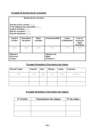 Exemple de bordereau de versement

                   Bordereau de versement


Nom du service versant : ……
N° de téléphone du responsable : ……
Nombre d’articles : ……
Date de versement : ……
Type de documents : ……

 Numéro        Description       Dates        Communicabilité        Année         Cote au
 d’ordre       du dossier      extrêmes                          d’élimination    niveau du
                                                                                    dépôt
                                                                                  d’archives
   ……              ……             ……                  ……              ……             ……


Signature                                     Signature du
du service                                    dépôt
versant :                                     d’archives :


                     Exemple formulaire d’inventaire des études

Titre de l’étude         Tranche      Zone      Mission      Année     Contenus

         …..                 ….        …..            ….        …..              ……….




                     Exemple formulaire d’inventaire des calques


         N° d’ordre               Nomenclature des calques             N° du calque




                                             - 68 -
 