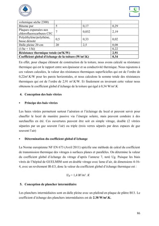 86
volumique sèche 2300)
Bitume pur 5 0,17 0,29
Plaques expansées aux
chlorofluorocarbures CFC
7 0,032 2,19
Polyéthylène/polythène,
basse densité
0,5 0,33 0,02
Dalle pleine 20 cm 20 2,5 0,08
(1/he + 1/hi) 0,22
Résistance thermique totale (m²K/W) 2,91
Coefficient global d'échange de la toiture (W/m².K) 0,34
En effet, pour chaque élément de construction de la toiture, nous avons calculé sa résistance
thermique qui est le rapport entre son épaisseur et sa conductivité thermique. Nous rajoutons à
ces valeurs calculées, la valeur des résistances thermiques superficielles qui est de l’ordre de
0,22m².K/W pour les parois horizontales, et nous calculons la somme totale des résistances
thermiques qui est de l’ordre de 2,91 m².K/W. Et finalement en inversant cette valeur nous
obtenons le coefficient global d’échange de la toiture qui égal à 0,34 W/m².K
4. Conception des bais vitrées
 Principe des bais vitrées
Les baies vitrées permettent surtout l’aération et l’éclairage du local et peuvent servir pour
chauffer le local de manière passive via l’énergie solaire, mais peuvent conduire à des
surchauffes en été. Ces ouvertures peuvent être soit en simple vitrage, double (2 vitrées
séparées par un gaz souvent l’air) ou triple (trois verres séparés par deux espaces de gaz
souvent l’air)
 Détermination du coefficient global d’échange
La Norme européenne NF EN 673 (Avril 2011) spécifie une méthode de calcul du coefficient
de transmission thermique des vitrages à surfaces planes et parallèles. On détermine la valeur
du coefficient global d’échange du vitrage d’après l’annexe 7, noté Ug. Puisque les biais
vitrés de l’hôpital de GUELMIM sont en double vitrage avec lame d’air, de dimensions 4-16-
4, avec un revêtement IR-E3, donc la valeur du coefficient global d’échange thermique est :
𝑈𝑔 = 1,4 𝑊/𝑚². 𝐾
5. Conception de plancher intermédiaire
Les planchers intermédiaires sont en dalle pleine avec un plafond en plaque de plâtre B13. Le
coefficient d’échange des planchers intermédiaires est de 2.38 W/m².K.
 