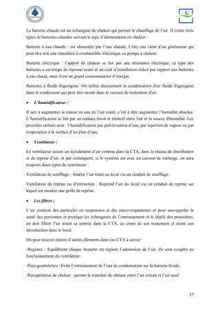 15
La batterie chaude est un échangeur de chaleur qui permet le chauffage de l’air. Il existe trois
types de batteries chaudes suivant le type d’alimentation en chaleur :
Batterie à eau chaude : est alimentée par l’eau chaude, Cette eau vient d’un générateur qui
peut être soit une chaudière à combustible /électrique ou pompe à chaleur.
Batterie électrique : l’apport de chaleur se fait par une résistance électrique, ce type des
batteries a un temps de réponse court et un coût d’installation réduit par rapport aux batteries
à eau chaud, mais il est un grand consommateur d’énergie.
Batteries à fluide frigorigène: On utilise directement la condensation d'un fluide frigorigène
dans le condenseur qui peut être monté dans le caisson de traitement d'air.
 L’humidificateur :
Il sert à augmenter la teneur en eau de l’air traité, c’est à dire augmenter l’humidité absolue.
L’humidification se fait par un contact étroit et intensif entre l'air et la source d'humidité. Les
procédés utilisés sont : l’humidification par pulvérisation d’eau, par injection de vapeur ou par
évaporation à la surface d’un plan d’eau.
 Ventilateur :
Le ventilateur assure un écoulement d’air continu dans la CTA, dans le réseau de distribution
et de reprise d’air, et par conséquent, si le système est avec un caisson de mélange, on aura
toujours deux types de ventilateur :
Ventilateur de soufflage : Amène l’air traité au local via un conduit de soufflage.
Ventilateur de reprise ou d’extraction : Reprend l’air du local via un conduit de reprise sur
lequel est montée une grille de reprise.
 Les filtres :
L’air contient des particules en suspension et des micro-organismes et pour sauvegarder la
santé des personnes et protéger les échangeurs de l’encrassement et le dépôt des poussières,
on doit filtrer l’air avant sa rentrée dans la CTA, au cours de son traitement et avant son
introduction dans le local.
On peut trouver encore d’autres éléments dans ces CTA à savoir :
-Registre : Equilibrent chaque branche en réglant l’admission de l’air. Ils sont couplés au
fonctionnement du ventilateur.
-Pare-gouttelettes : Evite l’entrainement de l’eau de condensation sur la batterie froide.
-Récupérateur de chaleur : permet le transfert de chaleur entre l’air extrait et l’air neuf
 