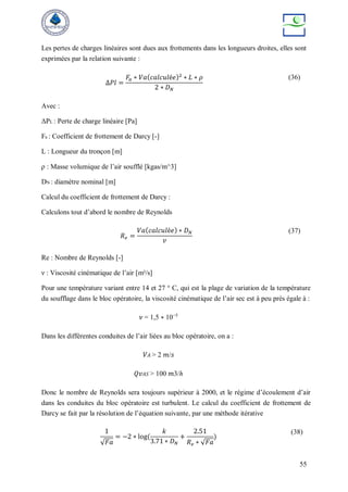 55
Les pertes de charges linéaires sont dues aux frottements dans les longueurs droites, elles sont
exprimées par la relation suivante :
∆𝑃𝑙 =
𝐹𝑎 ∗ 𝑉𝑎(𝑐𝑎𝑙𝑐𝑢𝑙é𝑒)2
∗ 𝐿 ∗ 𝜌
2 ∗ 𝐷𝑁
(36)
Avec :
ΔPL : Perte de charge linéaire [Pa]
Fa : Coefficient de frottement de Darcy [-]
L : Longueur du tronçon [m]
ρ : Masse volumique de l’air soufflé [kgas/m^3]
DN : diamètre nominal [m]
Calcul du coefficient de frottement de Darcy :
Calculons tout d’abord le nombre de Reynolds
𝑅𝑒 =
𝑉𝑎(𝑐𝑎𝑙𝑐𝑢𝑙é𝑒) ∗ 𝐷𝑁
𝑣
(37)
Re : Nombre de Reynolds [-]
ν : Viscosité cinématique de l’air [m²/s]
Pour une température variant entre 14 et 27 ° C, qui est la plage de variation de la température
du soufflage dans le bloc opératoire, la viscosité cinématique de l’air sec est à peu près égale à :
𝜈 = 1,5 ∗ 10−5
Dans les différentes conduites de l’air liées au bloc opératoire, on a :
𝑉𝐴 > 2 𝑚/𝑠
𝑄𝑣𝐴𝑆 > 100 𝑚3/ℎ
Donc le nombre de Reynolds sera toujours supérieur à 2000, et le régime d’écoulement d’air
dans les conduites du bloc opératoire est turbulent. Le calcul du coefficient de frottement de
Darcy se fait par la résolution de l’équation suivante, par une méthode itérative
1
√𝐹𝑎
= −2 ∗ log⁡
(
𝑘
3.71 ∗ 𝐷𝑁
+
2.51
𝑅𝑒 ∗ √𝐹𝑎
)
(38)
 