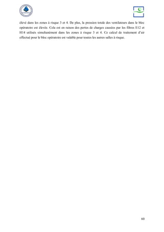 60
élevé dans les zones à risque 3 et 4. De plus, la pression totale des ventilateurs dans le bloc
opératoire est élevée. Cela est en raison des pertes de charges causées par les filtres E12 et
H14 utilisés simultanément dans les zones à risque 3 et 4. Ce calcul de traitement d’air
effectué pour le bloc opératoire est valable pour toutes les autres salles à risque.
 