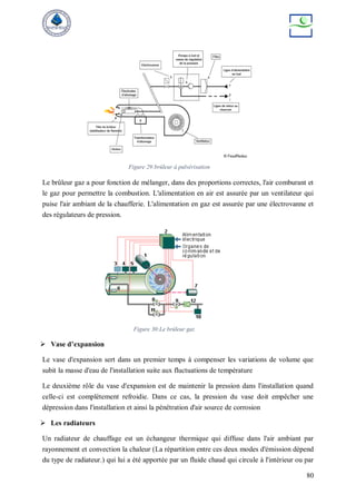 80
Le brûleur gaz a pour fonction de mélanger, dans des proportions correctes, l'air comburant et
le gaz pour permettre la combustion. L'alimentation en air est assurée par un ventilateur qui
puise l'air ambiant de la chaufferie. L'alimentation en gaz est assurée par une électrovanne et
des régulateurs de pression.
 Vase d’expansion
Le vase d'expansion sert dans un premier temps à compenser les variations de volume que
subit la masse d'eau de l'installation suite aux fluctuations de température
Le deuxième rôle du vase d'expansion est de maintenir la pression dans l'installation quand
celle-ci est complètement refroidie. Dans ce cas, la pression du vase doit empêcher une
dépression dans l'installation et ainsi la pénétration d'air source de corrosion
 Les radiateurs
Un radiateur de chauffage est un échangeur thermique qui diffuse dans l'air ambiant par
rayonnement et convection la chaleur (La répartition entre ces deux modes d'émission dépend
du type de radiateur.) qui lui a été apportée par un fluide chaud qui circule à l'intérieur ou par
Figure 29:brûleur à pulvérisation
Figure 30:Le brûleur gaz
 