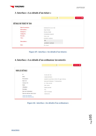 SUPTECH
2014/2015
Page105
3. Interface « Les détails d’un ticket »
Figure 65 : interface « les détails d’un tickets»
4. Interface « Les détails d’un ordinateur inventorié»
Figure 66 : interface « les détails d’un ordinateur»
 