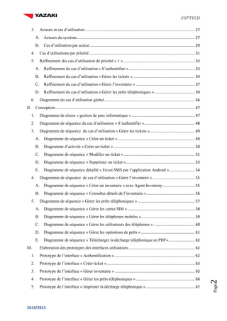 SUPTECH
2014/2015
Page2
3. Acteurs et cas d’utilisation ........................................................................................................ 27
A. Acteurs du système................................................................................................................ 27
B. Cas d’utilisation par acteur.................................................................................................... 29
4. Cas d’utilisations par priorité .................................................................................................... 31
5. Raffinement des cas d’utilisation de priorité « 1 ».................................................................... 33
A. Raffinement du cas d’utilisation « S’authentifier »............................................................... 33
B. Raffinement du cas d’utilisation « Gérer les tickets »........................................................... 34
C. Raffinement du cas d’utilisation « Gérer l’inventaire » ........................................................ 37
D. Raffinement du cas d’utilisation « Gérer les prêts téléphoniques » ...................................... 39
6. Diagramme du cas d’utilisation global...................................................................................... 46
II. Conception..................................................................................................................................... 47
1. Diagramme de classe « gestion de parc informatique »............................................................ 47
2. Diagramme de séquence du cas d’utilisation « S’authentifier »................................................ 48
3. Diagramme de séquence du cas d’utilisation « Gérer les tickets »........................................... 49
A. Diagramme de séquence « Créer un ticket »......................................................................... 49
B. Diagramme d’activité « Créer un ticket » ............................................................................. 50
C. Diagramme de séquence « Modifier un ticket ».................................................................... 51
D. Diagramme de séquence « Supprimer un ticket »................................................................. 53
E. Diagramme de séquence détaillé « Envoi SMS par l’application Android »........................ 54
4. Diagramme de séquence de cas d’utilisation « Gérer l’inventaire » ........................................ 55
A. Diagramme de séquence « Créer un inventaire » avec Agent Inventory .............................. 55
B. Diagramme de séquence « Consulter détails de l’inventaire ».............................................. 56
5. Diagramme de séquence « Gérer les prêts téléphoniques » ...................................................... 57
A. Diagramme de séquence « Gérer les cartes SIM »................................................................ 58
B. Diagramme de séquence « Gérer les téléphones mobiles »................................................... 59
C. Diagramme de séquence « Gérer les utilisateurs des téléphones » ....................................... 60
D. Diagramme de séquence « Gérer les opérations de prêts » ................................................... 61
E. Diagramme de séquence « Télécharger la décharge téléphonique en PDF»......................... 62
III. Elaboration des prototypes des interfaces utilisateurs............................................................... 62
1. Prototype de l’interface « Authentification » ............................................................................ 62
2. Prototype de l’interface « Créer ticket ».................................................................................... 63
3. Prototype de l’interface « Gérer inventaire » ............................................................................ 65
4. Prototype de l’interface « Gérer les prêts téléphoniques »........................................................ 66
5. Prototype de l’interface « Imprimer la décharge téléphonique » .............................................. 67
 