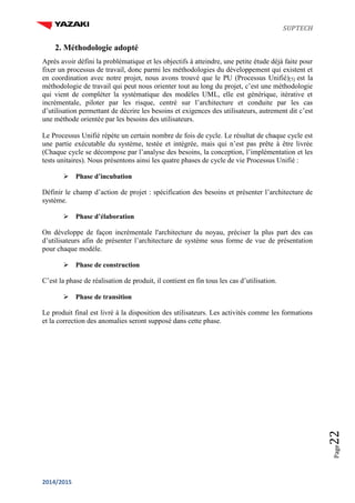 SUPTECH
2014/2015
Page22
2. Méthodologie adopté
Après avoir défini la problématique et les objectifs à atteindre, une petite étude déjà faite pour
fixer un processus de travail, donc parmi les méthodologies du développement qui existent et
en coordination avec notre projet, nous avons trouvé que le PU (Processus Unifié)[5] est la
méthodologie de travail qui peut nous orienter tout au long du projet, c’est une méthodologie
qui vient de compléter la systématique des modèles UML, elle est générique, itérative et
incrémentale, piloter par les risque, centré sur l’architecture et conduite par les cas
d’utilisation permettant de décrire les besoins et exigences des utilisateurs, autrement dit c’est
une méthode orientée par les besoins des utilisateurs.
Le Processus Unifié répète un certain nombre de fois de cycle. Le résultat de chaque cycle est
une partie exécutable du système, testée et intégrée, mais qui n’est pas prête à être livrée
(Chaque cycle se décompose par l’analyse des besoins, la conception, l’implémentation et les
tests unitaires). Nous présentons ainsi les quatre phases de cycle de vie Processus Unifié :
Phase d’incubation
Définir le champ d’action de projet : spécification des besoins et présenter l’architecture de
système.
Phase d’élaboration
On développe de façon incrémentale l'architecture du noyau, préciser la plus part des cas
d’utilisateurs afin de présenter l’architecture de système sous forme de vue de présentation
pour chaque modèle.
Phase de construction
C’est la phase de réalisation de produit, il contient en fin tous les cas d’utilisation.
Phase de transition
Le produit final est livré à la disposition des utilisateurs. Les activités comme les formations
et la correction des anomalies seront supposé dans cette phase.
 