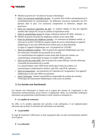 SUPTECH
2014/2015
Page26
 Module de gestion de l’inventaire d’un parc informatique
o Gérer les ressources matérielles du parc : le système doit récolter automatiquement et
systématiquement les caractéristiques de différentes ressources matérielles des PCs
présents dans le parc. Ces ressources comprennent la mémoires, disques dur,
processeur..
o Gérer les ressources logicielles du parc : le système indique la liste des logiciels
installés dans chaque PC tel que le système d’exploitation utilisé.
o Gérer le caractéristique réseau de chaque ordinateur (adresse IP, MAC, domaine,..)
 Module de gestion des prêts des téléphones mobiles et des cartes SIM
o Gérer les utilisateurs des téléphones mobiles : Un utilisateur de téléphone mobile et
celui que la société YAZAKI lui assigne à partir du service informatique un appareil
téléphonique et une carte SIM afin de les utiliser pour un duré déterminé.
La ligne et l’appareil téléphonique sont à la propriété de YAZAKI.
o Gérer les téléphones mobiles : faire la gestion des appareils téléphoniques qui vont
être utilisé par l’ensemble du personnelle de la société.
Les caractéristiques des appareils seront stocké dans la base du système, ces
caractéristiques comprennent la marque, le modèle, IMEI, couleur,..
o Gérer la liste des cartes SIM : faire la gestion des cartes SIM qui vont être utilisé par
l’ensemble du personnelle de la société.
Les caractéristiques cartes SIM seront stocké dans la base du système, ces
caractéristiques comprennent le numéro, code PIN, code PUK, opérateur,..
o Gérer les transactions : une transaction est l’opération de l’assignement d’un appareil
téléphonique et une carte SIM à un utilisateur
o Gérer l’historique : donner la possibilité au responsable du système de consulter
l’historique des transactions téléphoniques et des accès au système.
2. Les besoins non fonctionnels
Les besoins non fonctionnel se basent sur le respect des normes de l’ergonomie et des
interactions homme/machine qu’on fournit à l’application. Donc, les contraintes techniques
nécessaires qui garantissent la performance à notre solution se résument en :
 La rapidité de traitement
En effet, vu le nombre important des activités et des utilisateurs, il est impérativement
nécessaire que la durée d’exécution des traitements soit minimale.

 La portabilité
Il s’agit de minimiser l’effort pour se faire transporter dans un autre environnement matériel
et/ou logiciel.
 La conformité
 