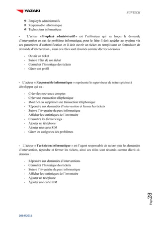 SUPTECH
2014/2015
Page28
 Employés administratifs
 Responsable informatique
 Techniciens informatique
- L’acteur « Employé administratif » est l’utilisateur qui va lancer la demande
d’intervention en cas de problème informatique, pour le faire il doit accéder au système via
ces paramètres d’authentification et il doit ouvrir un ticket en remplissant un formulaire de
demande d’intervention , ainsi ces rôles sont résumés comme décrit ci-dessous :
- Ouvrir un ticket
- Suivre l’état de son ticket
- Consulter l’historique des tickets
- Gérer son profil
- L’acteur « Responsable informatique » représente le superviseur de notre système à
développer qui va :
- Créer des nouveaux comptes
- Créer une transaction téléphonique
- Modifier ou supprimer une transaction téléphonique
- Répondre aux demandes d’intervention et fermer les tickets
- Suivre l’inventaire du parc informatique
- Afficher les statistiques de l’inventaire
- Consulter les fichiers logs .
- Ajouter un téléphone
- Ajouter une carte SIM
- Gérer les catégories des problèmes
- L’acteur « Technicien informatique » est l’agent responsable de suivre tous les demandes
d’intervention, répondre et fermer les tickets, ainsi ces rôles sont résumés comme décrit ci-
dessous :
- Répondre aux demandes d’interventions
- Consulter l’historique des tickets
- Suivre l’inventaire du parc informatique
- Afficher les statistiques de l’inventaire
- Ajouter un téléphone
- Ajouter une carte SIM
 