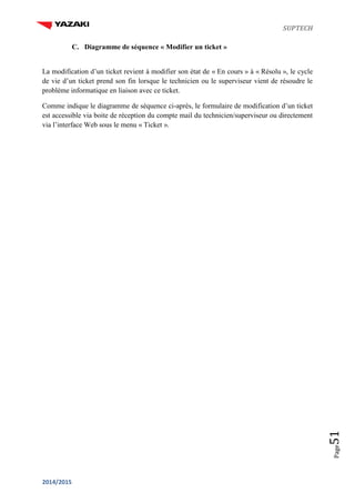 SUPTECH
2014/2015
Page51
C. Diagramme de séquence « Modifier un ticket »
La modification d’un ticket revient à modifier son état de « En cours » à « Résolu », le cycle
de vie d’un ticket prend son fin lorsque le technicien ou le superviseur vient de résoudre le
problème informatique en liaison avec ce ticket.
Comme indique le diagramme de séquence ci-après, le formulaire de modification d’un ticket
est accessible via boite de réception du compte mail du technicien/superviseur ou directement
via l’interface Web sous le menu « Ticket ».
 