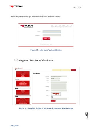 SUPTECH
2014/2015
Page63
Voilà la figure suivante qui présente l’interface d’authentification :
Figure 31 : Interface d’authentification
2. Prototype de l’interface « Créer ticket »
Figure 32 : Interface d’ajout d’une nouvelle demande d’intervention
 