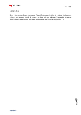 SUPTECH
2014/2015
Page68
Conclusion
Nous avons consacré cette phase pour l’identification des besoins du système ainsi que ses
exigence qui nous ont permis de passer à la phase suivante « Phase d’élaboration »,ou nous
allons entamer des nouveaux besoins et traiter les cas d’utilisation de priorité « 2 ».
 