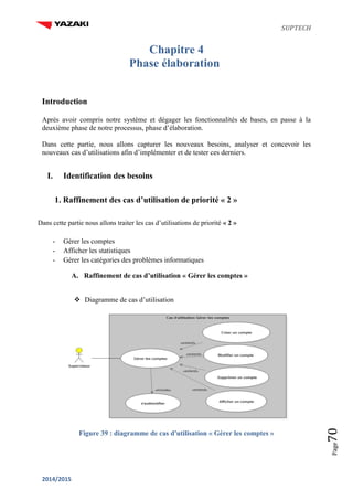 SUPTECH
2014/2015
Page70
Chapitre 4
Phase élaboration
Introduction
Après avoir compris notre système et dégager les fonctionnalités de bases, en passe à la
deuxième phase de notre processus, phase d’élaboration.
Dans cette partie, nous allons capturer les nouveaux besoins, analyser et concevoir les
nouveaux cas d’utilisations afin d’implémenter et de tester ces derniers.
I. Identification des besoins
1. Raffinement des cas d’utilisation de priorité « 2 »
Dans cette partie nous allons traiter les cas d’utilisations de priorité « 2 »
- Gérer les comptes
- Afficher les statistiques
- Gérer les catégories des problèmes informatiques
A. Raffinement de cas d’utilisation « Gérer les comptes »
 Diagramme de cas d’utilisation
Figure 39 : diagramme de cas d'utilisation « Gérer les comptes »
 