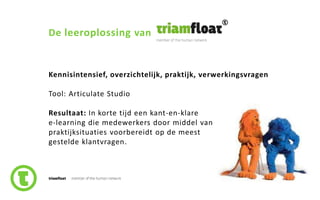 22slide nr.
De leeroplossing van
Kennisintensief, overzichtelijk, praktijk, verwerkingsvragen
Tool: Articulate Studio
Resultaat: In korte tijd een kant-en-klare
e-learning die medewerkers door middel van
praktijksituaties voorbereidt op de meest
gestelde klantvragen.
 