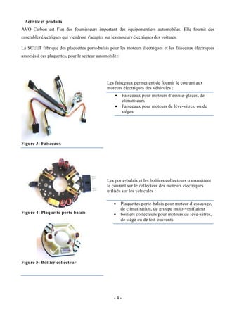 - 4 -
Activité et produits
AVO Carbon est l’un des fournisseurs important des équipementiers automobiles. Elle fournit des
ensembles électriques qui viendront s'adapter sur les moteurs électriques des voitures.
La SCEET fabrique des plaquettes porte-balais pour les moteurs électriques et les faisceaux électriques
associés à ces plaquettes, pour le secteur automobile :
Figure 3: Faisceaux
Les faisceaux permettent de fournir le courant aux
moteurs électriques des véhicules :
 Faisceaux pour moteurs d’essuie-glaces, de
climatiseurs
 Faisceaux pour moteurs de lève-vitres, ou de
sièges
Figure 4: Plaquette porte balais
Figure 5: Boîtier collecteur
Les porte-balais et les boîtiers collecteurs transmettent
le courant sur le collecteur des moteurs électriques
utilisés sur les véhicules :
 Plaquettes porte-balais pour moteur d’essuyage,
de climatisation, de groupe moto-ventilateur
 boîtiers collecteurs pour moteurs de lève-vitres,
de siège ou de toit-ouvrants
 