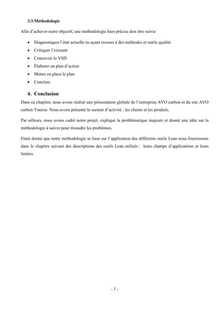 - 7 -
3.3.Méthodologie
Afin d’achever notre objectif, une méthodologie bien précise doit être suivie
 Diagnostiquer l’état actuelle en ayant recours à des méthodes et outils qualité.
 Critiquer l’existant
 Concevoir le VSD
 Élaborer un plan d’action
 Mettre en place le plan
 Conclure
4. Conclusion
Dans ce chapitre, nous avons réalisé une présentation globale de l’entreprise AVO carbon et du site AVO
carbon Tunisie. Nous avons présenté le secteur d’activité , les clients et les produits.
Par ailleurs, nous avons cadré notre projet, expliqué la problématique majeure et donné une idée sur la
méthodologie à suivre pour résoudre les problèmes.
Etant donné que notre méthodologie se base sur l’application des différents outils Lean nous fournissons
dans le chapitre suivant des descriptions des outils Lean utilisés : leurs champs d’applications et leurs
limites.
 