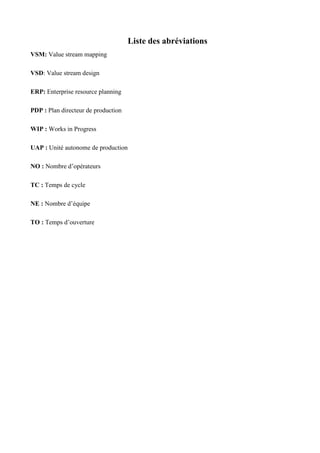 Liste des abréviations
VSM: Value stream mapping
VSD: Value stream design
ERP: Enterprise resource planning
PDP : Plan directeur de production
WIP : Works in Progress
UAP : Unité autonome de production
NO : Nombre d’opérateurs
TC : Temps de cycle
NE : Nombre d’équipe
TO : Temps d’ouverture
 