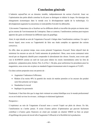 - 60 -
Conclusion générale
L’industrie aujourd’hui est un domaine instable, indépendamment du secteur d’activité. Jouer sur
l’optimisation des petits détails constitue la clé pour se distinguer et réduire le risque. On témoigne des
changements économiques dans le monde avec le développement rapide de la technologie. Ce
développement augmente la concurrence et rend pénible d’envahir les débouchés.
Cela montre l’importance de se focaliser sur les différents détails et travailler des projets en interne ainsi
qu’en externe de l’environnement de l’entreprise. Dans ce contexte, l’amélioration continue peut toujours
apporter des gains en éliminant les différents types de gaspillage.
Ainsi, le sujet abordé au sein de l’organisme d’accueil s’intègre dans l’amélioration continue. Un sujet à
travers lequel, nous avons eu l’opportunité de faire une étude complète en apportant des actions
correctives.
En effet, dans un premier temps, nous avons présenté l’organisme d’accueil. Notre objectif était de
minimiser les encours au sein de l’unité autonome de production1. Donc, nous avons commencé notre
travail par un diagnostic détaillé pour comprendre le déroulement des choses. Ensuite, nous avons opté
vers le KANBAN comme un outil de Lean pour réduire les stocks intermédiaires entre les ilots de
production : préparation piste, boitier, Flex A et Flex 1. De plus, pour uniformiser les procédures pour les
magasiniers, nous avons mis en place un standard d’approvisionnement entre le magasin et l’UAP1.
Ces deux actions proposées nous ont permis de :
 Augmenter l’indicateur d’efficience.
 Réduire d’au moins 40% la quantité des stocks de matière première et les encours des produit
semi finis présente sur la ligne.
 Standardiser le travail
 Impliquer les personnels
Finalement, il faut bien dire que le stage était vraiment un contact bénéfique avec le monde professionnel
ou on est évalué sur tous les niveaux ; technique et relationnel également.
Perspective :
L’expérience au sein de l’organisme d’accueil nous a ouvert l’esprit sur plein de choses. En fait,
l’amélioration ne s’arrête jamais. Il existe d’autres paliers d’optimisation qui peuvent facilement
contribuer à d’autres gains financiers en citant par exemple un chantier SMED ou bien un projet
d’équilibrage des postes de travail afin d’augmenter l’efficacité et la flexibilité de la production.
 