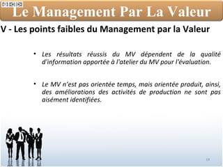 V - Les points faibles du Management par la Valeur Les résultats réussis du MV dépendent de la qualité d'information apportée à l'atelier du MV pour l'évaluation. Le MV n’est pas orientée temps, mais orientée produit, ainsi, des améliorations des activités de production ne sont pas aisément identifiées. Le Management Par La Valeur 