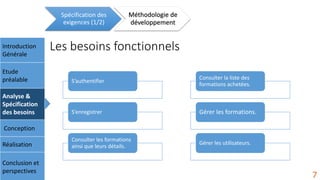 Les besoins fonctionnelsIntroduction
Générale
Etude
préalable
Analyse &
Spécification
des besoins
Conception
Réalisation
Conclusion et
perspectives
Spécification des
exigences (1/2)
Méthodologie de
développement
7
S’authentifier
S’enregistrer
Consulter les formations
ainsi que leurs détails.
Consulter la liste des
formations achetées.
Gérer les formations.
Gérer les utilisateurs.
 