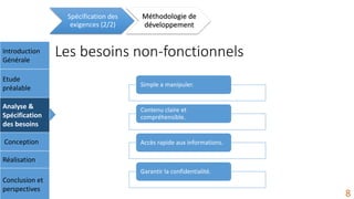 Les besoins non-fonctionnelsIntroduction
Générale
Etude
préalable
Analyse &
Spécification
des besoins
Conception
Réalisation
Conclusion et
perspectives
Spécification des
exigences (2/2)
Méthodologie de
développement
8
Simple a manipuler.
Contenu claire et
compréhensible.
Accès rapide aux informations.
Garantir la confidentialité.
 
