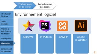 Environnement logiciel
Environneme
nt de travail
Enchaînement
des écrans
Introduction
Générale
Etude
préalable
Analyse &
Spécification
des besoins
Conception
Réalisation
Conclusion et
perspectives
StarUML PHPStorm XAMPP Adobe
Illustrator
21
 
