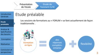 Etude préalableIntroduction
Générale
Etude
préalable
Analyse &
Spécification
des besoins
Conception
Réalisation
Conclusion et
perspectives
Présentation
de l’école
Etude de
l’existant (1/4)
3
Formation
en ligne
des
réponses
complém-
entaires
flexibilité
Les sessions de formations au « FORUM » se font actuellement de façon
traditionnelle .
 