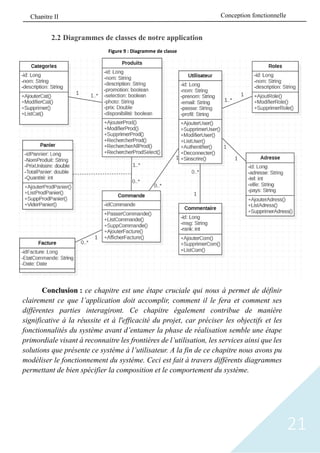 21
2.2 Diagrammes de classes de notre application
Conclusion : ce chapitre est une étape cruciale qui nous à permet de définir
clairement ce que l’application doit accomplir, comment il le fera et comment ses
différentes parties interagiront. Ce chapitre également contribue de manière
significative à la réussite et à l'efficacité du projet, car préciser les objectifs et les
fonctionnalités du système avant d’entamer la phase de réalisation semble une étape
primordiale visant à reconnaitre les frontières de l’utilisation, les services ainsi que les
solutions que présente ce système à l’utilisateur. A la fin de ce chapitre nous avons pu
modéliser le fonctionnement du système. Ceci est fait à travers différents diagrammes
permettant de bien spécifier la composition et le comportement du système.
Figure 9 : Diagramme de classe
Conception fonctionnelle
Chapitre II
 