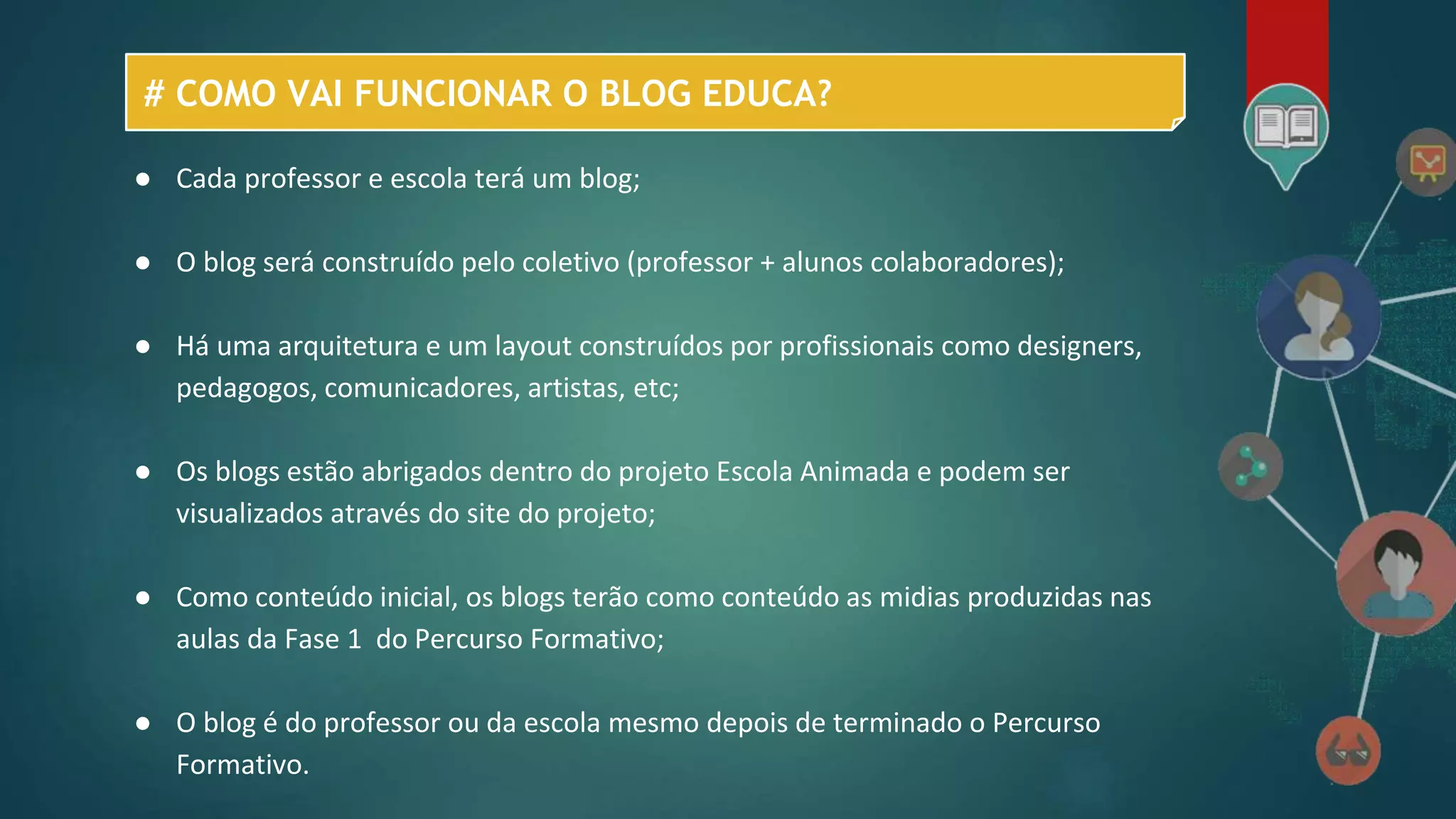 # COMO VAI FUNCIONAR O BLOG EDUCA?
● Cada professor e escola terá um blog;
● O blog será construído pelo coletivo (professor + alunos colaboradores);
● Há uma arquitetura e um layout construídos por profissionais como designers,
pedagogos, comunicadores, artistas, etc;
● Os blogs estão abrigados dentro do projeto Escola Animada e podem ser
visualizados através do site do projeto;
● Como conteúdo inicial, os blogs terão como conteúdo as midias produzidas nas
aulas da Fase 1 do Percurso Formativo;
● O blog é do professor ou da escola mesmo depois de terminado o Percurso
Formativo.
 
