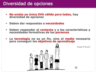  No existe un único EVA válido para todos, hay
  diversidad de opciones

 Deben dar respuestas a necesidades

 Deben responder al contexto y a las características y
  necesidades formativas de las personas

 La tecnología no es un fin, sino el medio necesario
  para conseguir los objetivos de aprendizaje
                                              Josep M Duart




                                            12
 