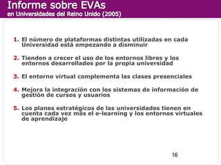 1. El número de plataformas distintas utilizadas en cada
   Universidad está empezando a disminuir

2. Tienden a crecer el uso de los entornos libres y los
   entornos desarrollados por la propia universidad

3. El entorno virtual complementa las clases presenciales

4. Mejora la integración con los sistemas de información de
   gestión de cursos y usuarios

5. Los planes estratégicos de las universidades tienen en
   cuenta cada vez más el e-learning y los entornos virtuales
   de aprendizaje




                                                    16
 