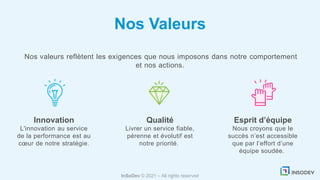 InSoDev © 2021 – All rights reserved
Nos Valeurs
Nos valeurs reflètent les exigences que nous imposons dans notre comportement
et nos actions.
Innovation
L'innovation au service
de la performance est au
cœur de notre stratégie.
Qualité
Livrer un service fiable,
pérenne et évolutif est
notre priorité.
Esprit d’équipe
Nous croyons que le
succès n’est accessible
que par l’effort d’une
équipe soudée.
 