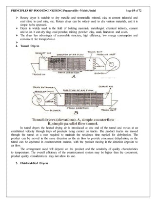 PRINCIPLES OF FOOD ENGINEERING Prepared By-Mohit Jindal Page 55 of 72
 Rotary dryer is suitable to dry metallic and nonmetallic mineral, clay in cement industrial and
coal slime in coal mine, etc. Rotary dryer can be widely used to dry various materials, and it is
simple to be operated.
 Dryer is widely used in the field of building materials, metallurgist, chemical industry, cement
and so on. It can dry slag, coal powder, mining powder, clay, sand, limestone and so on.
 The dryer has advantages of reasonable structure, high efficiency, low energy consumption and
convenient for transportation.

4. Tunnel Dryers
In tunnel dryers the heated drying air is introduced at one end of the tunnel and moves at an
established velocity through trays of products being carried on trucks. The product trucks are moved
through the tunnel at a rate required to maintain the residence time needed for dehydration. The
product can be moved in the same direction as the air flow to provide concurrent dehydration, or the
tunnel can be operated in countercurrent manner, with the product moving in the direction opposite to
air flow.
The arrangement used will depend on the product and the sensitivity of quality characteristics
to temperature. The overall efficiency of the countercurrent system may be higher than the concurrent;
product quality considerations may not allow its use.
5. Fluidized-Bed Dryers
 