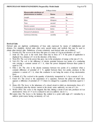 PRINCIPLES OF FOOD ENGINEERING Prepared By-Mohit Jindal Page 4 of 72
Derived Units
Derived units are algebraic combinations of base units expressed by means of multiplication and
division. For simplicity, derived units often carry special names and symbols that may be used to
obtain other derived units. Definitions of some commonly used derived units are as follows:
1. Newton (N): The newton is the force that gives to a mass of 1 kg an acceleration of 1 m/s2.
2. Joule (J): The joule is the work done when due to force of 1 N the point of application is
displaced by a distance of 1 m in the direction of the force.
3. Watt (W): The watt is the power that gives rise to the production of energy at the rate of 1 J/s.
4. Volt (V): The volt is the difference of electric potential between two points of a conducting
wire carrying a constant current of 1 A, when the power dissipated between these points is
equal to 1 W.
5. Ohm ( Ω): The ohm is the electric resistance between two points of a conductor when a
constant difference of potential of 1 V, applied between these two points, produces in this
conductor a current of 1 A, when this conductor is not being the source of any electromotive
force.
6. Coulomb (C): The coulomb is the quantity of electricity transported in 1 s by a current of 1 A.
7. Farad (F): The farad is the capacitance of a capacitor, between the plates of which there
appears a difference of potential of 1 V when it is charged by a quantity of electricity equal to 1
C.
8. Henry (H): The henry is the inductance of a closed circuit in which an electromotive force of 1
V is produced when the electric current in the circuit varies uniformly at a rate of 1 A/s.
9. Weber (Wb): The weber is the magnetic flux that, linking a circuit of one turn, produces in it an
electromotive force of 1 V as it is reduced to zero at a uniform rate in 1 s.
10. Lumen (lm): The lumen is the luminous flux emitted in a point solid angle of 1 steradian by a
uniform point source having an intensity of 1 cd.
 
