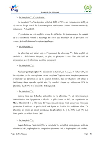 Projet de Fin d’Etudes

        Le phosphate Y1 d’exploitation :

         Le phosphate Y1 d’exploitation, utilisé de 1976 à 1989, a un comportement différent
   de celui du design suite à des écarts enregistrés au niveau de certains éléments constitutifs,
   notamment : P2O5 et CaO.

         L’exploitation de cette qualité a connu des difficultés de fonctionnement du procédé
   de la désulfatation comme le bouchage des cônes des décanteurs et les problèmes des
   pompes à vis utilisées pour le soutirage des boues.

        Le phosphate Y2:


         Ce phosphate est utilisé suite à l’épuisement du phosphate Y1. Cette qualité est
   calcinée et    difficilement broyable, en plus, ce phosphate a une faible réactivité en
   comparaison avec le phosphate Y1 utilisé auparavant.

        Le phosphate Y23:


         Pour corriger le phosphate Y2 notamment en % SiO2, en % Al2O3 et en % Fe2O3, des
   investigations ont été envisagées en vue de remplacer Y2 par un autre phosphate permettant
   d’améliorer les performances de la réaction filtration. Les investigations ont abouti à
   l’utilisation d’une nouvelle qualité dite Y23 (qualité obtenue en mélangeant 90% du
   phosphate Y2 et 10% de la couche C3 de Benguerir).

        Le phosphate Y21:

         Compte tenu des difficultés présentées par le phosphate Y23 et particulièrement
   l’encrassement des équipements et circuits, le pôle chimie de Safi, les responsables de
   Maroc Phosphore I et le pôle mine de Youssoufia ont mis au point un nouveau phosphate
   permettant d’améliorer la productivité des lignes et d’éviter les problèmes cités. Ce
   phosphate est obtenu en faisant un mélange des phosphates Y2 et Y1 (60% Y2 et 40% Y1).
   Cette qualité est utilisée depuis 2001.


        Le phosphate Y1C:

         Depuis la fin de l’exercice 2005, le phosphate Y1C est utilisé au niveau des unités de
   réaction de MPI, ce phosphate est composé du phosphate clair et du phosphate clair calciné.

Projet de fin d’études                                                                      Page | 35
 