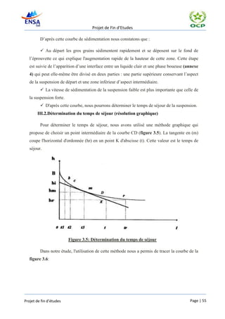 Projet de Fin d’Etudes

         D’après cette courbe de sédimentation nous constatons que :

          Au départ les gros grains sédimentent rapidement et se déposent sur le fond de
   l’éprouvette ce qui explique l'augmentation rapide de la hauteur de cette zone. Cette étape
   est suivie de l’apparition d’une interface entre un liquide clair et une phase boueuse (annexe
   4) qui peut elle-même être divisé en deux parties : une partie supérieure conservant l’aspect
   de la suspension de départ et une zone inférieur d’aspect intermédiaire.
          La vitesse de sédimentation de la suspension faible est plus importante que celle de
   la suspension forte.
          D'après cette courbe, nous pourrons déterminer le temps de séjour de la suspension.
       III.2.Détermination du temps de séjour (résolution graphique)

         Pour déterminer le temps de séjour, nous avons utilisé une méthode graphique qui
   propose de choisir un point intermédiaire de la courbe CD (figure 3.5). La tangente en (m)
   coupe l'horizontal d'ordonnée (hr) en un point K d'abscisse (t). Cette valeur est le temps de
   séjour.




                          Figure 3.5: Détermination du temps de séjour

         Dans notre étude, l'utilisation de cette méthode nous a permis de tracer la courbe de la
   figure 3.6:




Projet de fin d’études                                                                      Page | 55
 