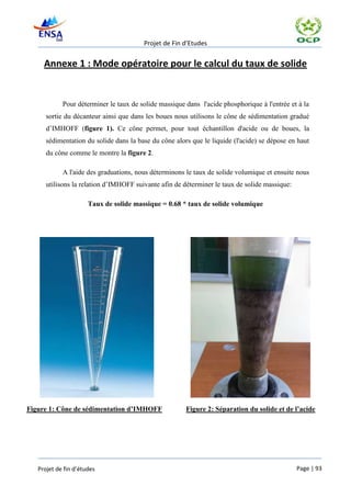 Projet de Fin d’Etudes


     Annexe 1 : Mode opératoire pour le calcul du taux de solide


            Pour déterminer le taux de solide massique dans l'acide phosphorique à l'entrée et à la
      sortie du décanteur ainsi que dans les boues nous utilisons le cône de sédimentation gradué
      d’IMHOFF (figure 1). Ce cône permet, pour tout échantillon d'acide ou de boues, la
      sédimentation du solide dans la base du cône alors que le liquide (l'acide) se dépose en haut
      du cône comme le montre la figure 2.

            A l'aide des graduations, nous déterminons le taux de solide volumique et ensuite nous
      utilisons la relation d’IMHOFF suivante afin de déterminer le taux de solide massique:

                      Taux de solide massique = 0.68 * taux de solide volumique




Figure 1: Cône de sédimentation d’IMHOFF               Figure 2: Séparation du solide et de l’acide




   Projet de fin d’études                                                                      Page | 93
 