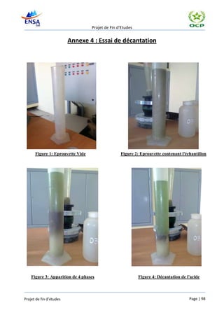 Projet de Fin d’Etudes


                         Annexe 4 : Essai de décantation




      Figure 1: Eprouvette Vide                  Figure 2: Eprouvette contenant l'échantillon




    Figure 3: Apparition de 4 phases                       Figure 4: Décantation de l'acide



Projet de fin d’études                                                               Page | 98
 
