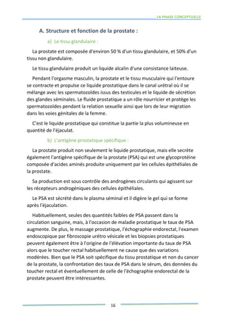 LA PHASE CONCEPTUELLE
16
A. Structure et fonction de la prostate :
a) Le tissu glandulaire :
La prostate est composée d'environ 50 % d'un tissu glandulaire, et 50% d'un
tissu non glandulaire.
Le tissu glandulaire produit un liquide alcalin d'une consistance laiteuse.
Pendant l'orgasme masculin, la prostate et le tissu musculaire qui l'entoure
se contracte et propulse ce liquide prostatique dans le canal urétral où il se
mélange avec les spermatozoïdes issus des testicules et le liquide de sécrétion
des glandes séminales. Le fluide prostatique a un rôle nourricier et protège les
spermatozoïdes pendant la relation sexuelle ainsi que lors de leur migration
dans les voies génitales de la femme.
C'est le liquide prostatique qui constitue la partie la plus volumineuse en
quantité de l'éjaculat.
b) L'antigène prostatique spécifique :
La prostate produit non seulement le liquide prostatique, mais elle secrète
également l'antigène spécifique de la prostate (PSA) qui est une glycoprotéine
composée d'acides aminés produite uniquement par les cellules épithéliales de
la prostate.
Sa production est sous contrôle des androgènes circulants qui agissent sur
les récepteurs androgéniques des cellules épithéliales.
Le PSA est sécrété dans le plasma séminal et il digère le gel qui se forme
après l'éjaculation.
Habituellement, seules des quantités faibles de PSA passent dans la
circulation sanguine, mais, à l'occasion de maladie prostatique le taux de PSA
augmente. De plus, le massage prostatique, l'échographie endorectal, l'examen
endoscopique par fibroscopie urétro vésicale et les biopsies prostatiques
peuvent également être à l'origine de l'élévation importante du taux de PSA
alors que le toucher rectal habituellement ne cause que des variations
modérées. Bien que le PSA soit spécifique du tissu prostatique et non du cancer
de la prostate, la confrontation des taux de PSA dans le sérum, des données du
toucher rectal et éventuellement de celle de l'échographie endorectal de la
prostate peuvent être intéressantes.
 