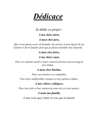 Dédicace
Je dédie ce projet :
A ma chère mère,
A mon cher père,
Qui n’ont jamais cessé, de formuler des prières à mon égard, de me
soutenir et de m’épauler pour que je puisse atteindre mes objectifs.
A mon cher frère,
A ma chère sœur,
Pour ses soutiens moral et leurs conseils précieux tout au long de
mes études.
A mon cher binôme,
Pour son entente et sa sympathie,
Pour leurs indéfectibles soutiens et leur patience infinie.
A mes chères collègues,
Pour leur aide et leur soutien au cours de ces trois années.
A toute ma famille,
A tous ceux que j’aime et ceux qui m’aiment.
 