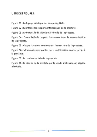3
LISTE DES FIGURES :
Figure 01 : La loge prostatique sur coupe sagittale.
Figure 02 : Montrant les rapports intrinsèques de la prostate.
Figure 03 : Montrant la distribution artérielle de la prostate.
Figure 04 : Coupe latérale du petit bassin montrant la vascularisation
de la prostate.
Figure 05 : Coupe transversale montrant la structure de la prostate.
Figure 06 : Montrant comment les nerfs de l'érection sont attachés à
la prostate.
Figure 07 : le toucher rectale de la prostate.
Figure 08 : la biopsie de la prostate par la sonde à Ultrasons et aiguille
à biopsie.
 