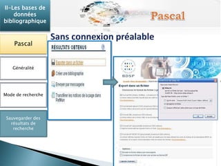 II-Les bases de 
données 
bibliographique 
Pascal 
Généralité 
Mode de recherche 
Sauvegarder des 
résultats de 
recherche 
 