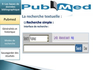II-Les bases de 
données 
bibliographique 
Pubmed 
Généralités et 
historique 
Modes de 
recherche 
Sauvegarder des 
résultats 
 