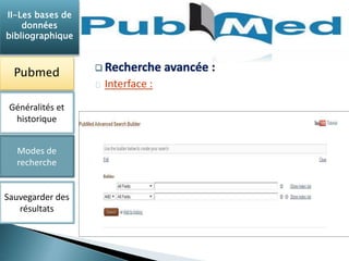 Interface : 
II-Les bases de 
données 
bibliographique 
Pubmed 
Généralités et 
historique 
Modes de 
recherche 
Sauvegarder des 
résultats 
 