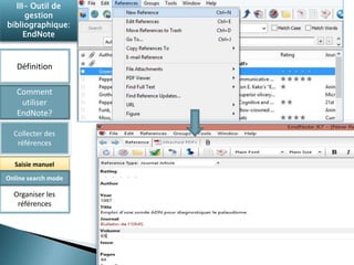 III- Outil de 
gestion 
bibliographique: 
EndNote 
Définition 
Comment 
utiliser 
EndNote? 
Collecter des 
références 
Saisie manuel 
Online search mode 
Organiser les 
références 
 