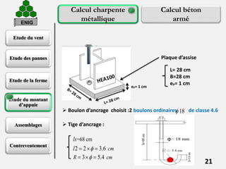 Etude du vent
Etude des pannes
Etude de la ferme
Etude du montant
d’appuie
Assemblages
Contreventement
21
Calcul charpente
métallique
Calcul béton
armé
Plaque d’assise
L= 28 cm
B=28 cm
ep= 1 cm
ep= 1 cm
 Boulon d’ancrage choisit :2 boulons ordinaires de classe 4.618
 Tige d’ancrage :
=68 cm
2 2 3.6
3 5.4
cm
R cm
ls
l 

  
  
ENIG
 