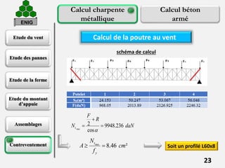 Etude du vent
Etude des pannes
Etude de la ferme
Etude du montant
d’appuie
Assemblages
Contreventement
23
Calcul charpente
métallique
Calcul béton
armé
Calcul de la poutre au vent
schéma de calcul
max
8.46 ²
t
y
N
A cm
f
  Soit un profilé L60x8
ENIG
max
2 9948.236
cos
t
F
R
N daN


 
 