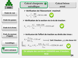 Etude du vent
Etude des pannes
Etude de la ferme
Etude du montant
d’appuie
Assemblages
Contreventement
24
Calcul charpente
métallique
Calcul béton
armé
 Vérification de l’élancement maximal:
max
803
343.16 400
2.34v
l
i
    
 Vérification de la section vis-à-vis de traction :
max
0
. 9.028 2350
21215.8
1
y
t p
M
A f
N N daN


   
 Vérification de l’effort de traction au droits des trous :
Soit 3 boulons de classe 4.618
5.18 ²
0.6
Mb
b
ub
N
A cm
f

 

max
2
0.9
12234.24net u
t u
M
A f
N N daN

 
  
On adopte des cornières L60X60X8 avec 3 boulons
M18
ENIG
 