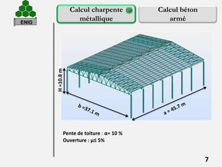 7
Calcul charpente
métallique
Calcul béton
armé
H=10.8m
Pente de toiture : α= 10 %
Ouverture : µ≤ 5%
ENIG
 