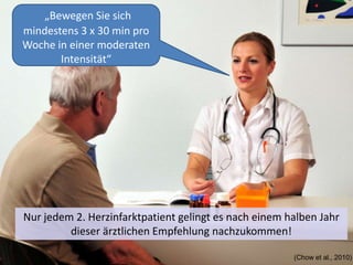 für zusätzliche Gesundheitseffekte sollten Erwachsene das Ausmaß an moderat-intensiver körperlicher Aktivität auf 300 Minuten pro Woche ausweiten oder 150 Minuten pro Woche intensiver aerob körperlich aktiv sein